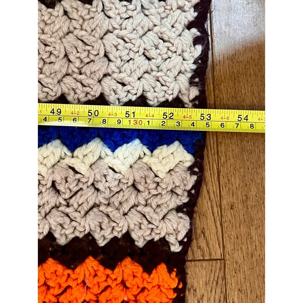 Vintage 70s Crochet Afghan Blanket Throw Orange Blue Tan Stripe Handmade 53x68